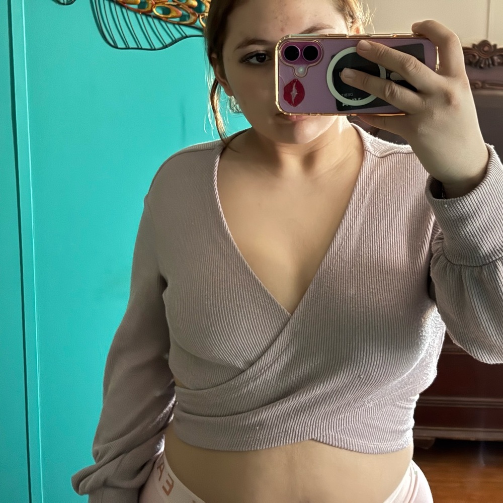 SHEIN Ribbed Wrap Crop Top in Soft Beige